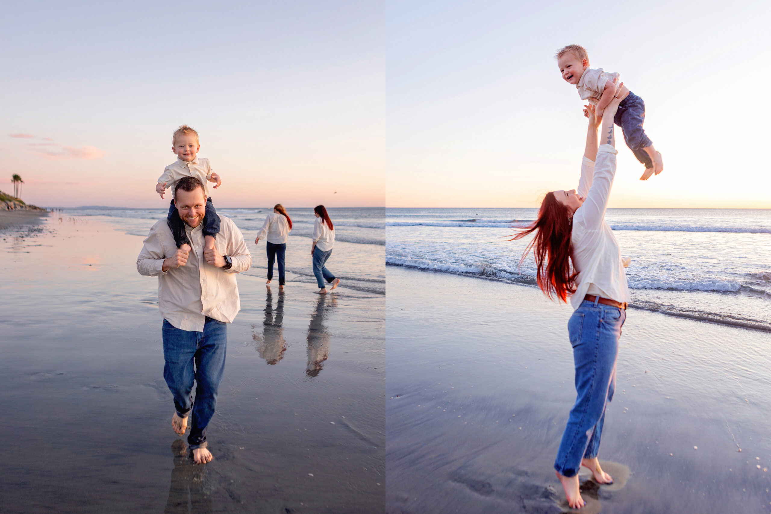 Children running and playing in the sand during a beach family session in Carlsbad San Diego